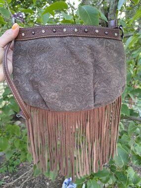 Boho Western Fringe Crossbody Bag Teal Interior With Rhinestone And Metal Studs